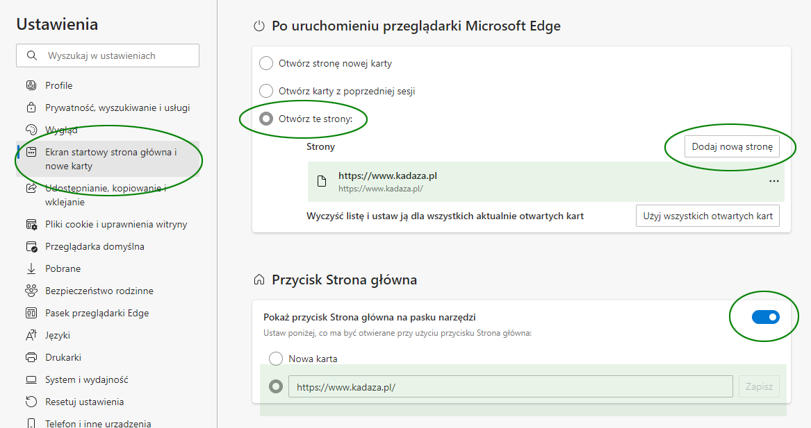 Ustawienie Kadaza jako strony startowej - Microsoft Edge